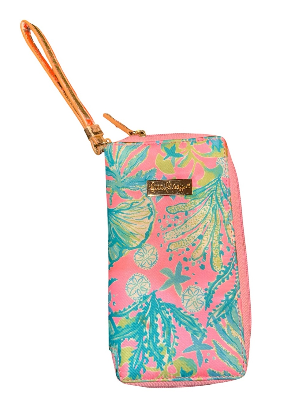 Lilly Pulitzer Pink Teal Tropical Zip Wristlet with Gold Strap